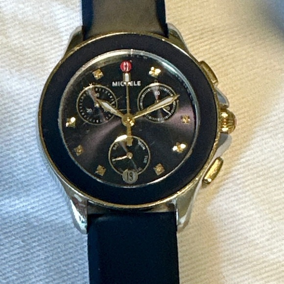 Michele Cape Chronograph Blue Dial Yellow Topaz Markers FULL SET w TAG - Picture 7 of 8